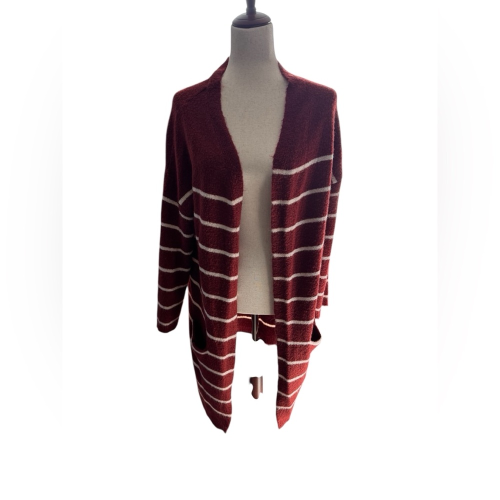 Striped Burgundy Open-Front Sweater Large - Picture 1 of 4